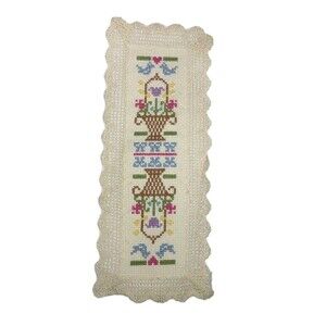Vtg Finished Completed Cross Stitch Bookmark Flowers In Basket